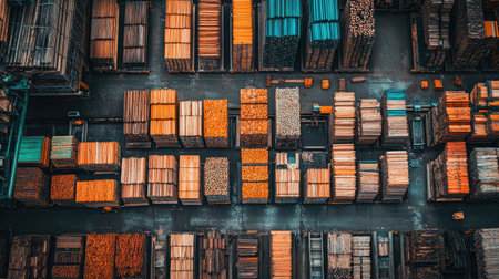 Detailed aerial view of an industrial lumber yard showcasing neatly stacked wooden planks and logs organized by type and color in a warehouse setting.の素材