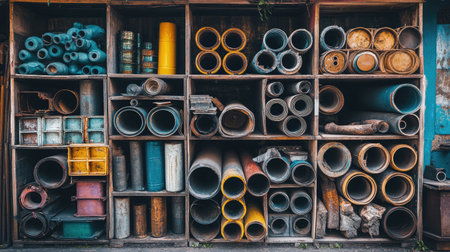 A vibrant collection of assorted pipes and tubes displayed on wooden shelves creates an interesting industrial aesthetic. Ideal for home improvement and crafting inspiration.の素材