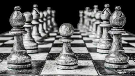 A dramatic close-up of a classic chessboard featuring detailed wooden pieces. The focus is on a solitary pawn, symbolizing strategy and intellectual challenge in the game.の素材