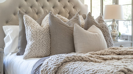 This image showcases a beautifully arranged bedroom with soft textured pillows and a chunky blanket, creating a warm and inviting atmosphere perfect for relaxation.の素材
