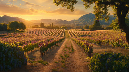 A captivating view of a vineyard at sunset with rows of grapevines, rolling hills, and a colorful sky, showcasing the beauty of nature in a tranquil rural landscape.の素材