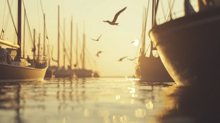A tranquil sunset scene featuring silhouetted boats and soaring birds, creating a serene atmosphere over calm waters, embodying natural beauty and peaceful leisure moments.の素材