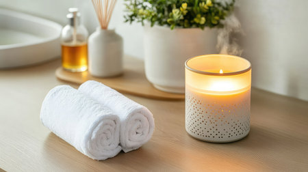 Inviting spa setting featuring a glowing candle, fresh towels, and beautiful decor for a serene bathroom experience focused on relaxation and wellness.の素材