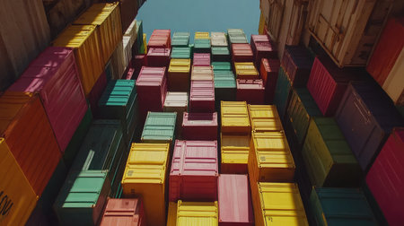 A striking image of brightly colored shipping containers stacked in an urban setting, creating a visually compelling pattern against a clear blue sky.の素材