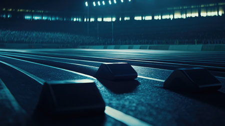 A captivating view of an empty athletic track scene featuring starting blocks, illuminated by stadium lights, evoking the excitement of upcoming competitions.の素材