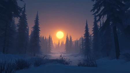 A breathtaking winter sunset illuminates a serene forest landscape, featuring silhouetted trees and a gentle glow over a snowy ground, creating a tranquil atmosphere.の素材