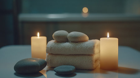 Create a serene and calming atmosphere with this spa setup featuring soft towels, glimmering candles, and smooth stones, perfect for relaxation and self-care rituals.の素材