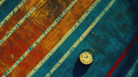 Vintage clock rests on a vibrant abstract background featuring colorful stripes, evoking a sense of time passing and artistic exploration for creative projects.の素材
