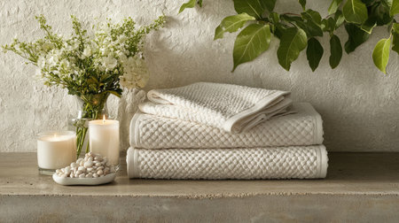 A serene spa setting featuring soft white towels, glowing candles, and fresh flowers, creating a calming atmosphere perfect for relaxation and self-care rituals.の素材