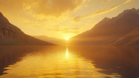 Experience a breathtaking sunset over a peaceful mountain lake, where warm golden tones reflect on the calm water, surrounded by majestic peaks and serene hills.の素材