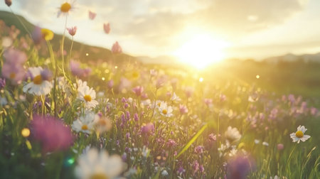 A stunning sunrise illuminates a vibrant flower meadow filled with colorful blossoms, creating a serene and peaceful atmosphere in nature's beauty.の素材