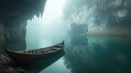 A serene cave landscape featuring a wooden boat on still water amidst ethereal fog and lush greenery, inspiring feelings of tranquility and exploration in nature.の素材