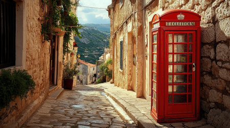 A picturesque scene of a quaint village street showcasing a bright red telephone booth beside historic stone buildings under a sunny sky, evoking a sense of nostalgia.の素材