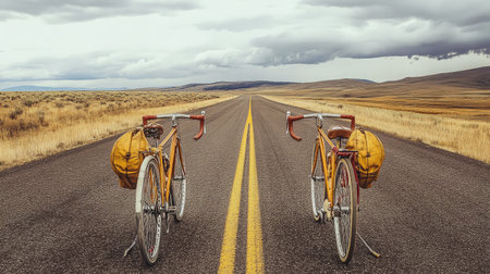 Two vintage bicycles with yellow bags stand on an empty road, surrounded by expansive grassland and dramatic clouds, inviting adventure and exploration in nature's serenity.の素材