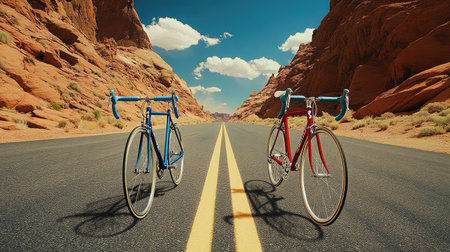 A striking image of two vibrant bicycles on an empty desert highway, framed by stunning red rock formations and a brilliant blue sky, perfect for adventure and cycling enthusiasts.の素材