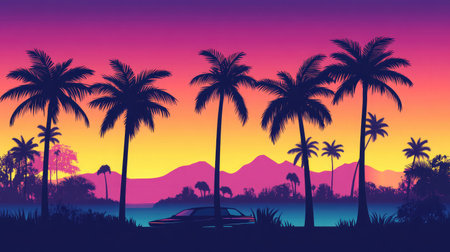 Experience a stunning tropical sunset with silhouetted palm trees and a classic car by the beach, capturing the essence of relaxation and serene beauty in nature.の素材