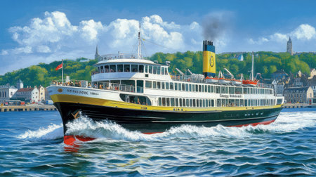 A stunning vintage steamboat navigating tranquil waters, surrounded by lush hills and charming architecture under a bright sky, epitomizing classic travel and beauty.の素材