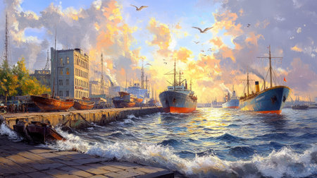 A stunning view of a harbor at sunset, featuring majestic ships and boats set against a backdrop of colorful clouds and gentle waves, capturing the essence of coastal tranquility.の素材