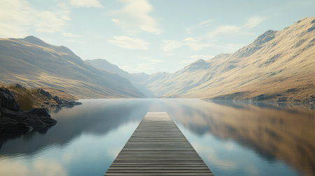 A picturesque scene showcasing a wooden dock extending into a tranquil lake, surrounded by majestic mountains under a clear blue sky, perfect for nature lovers and outdoor enthusiasts.の素材