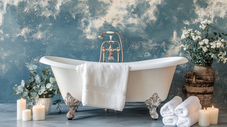This image features a vintage freestanding bathtub in a tranquil setting, complemented by candles and elegant decor for a serene and relaxing atmosphere. Perfect for spa inspiration.の素材
