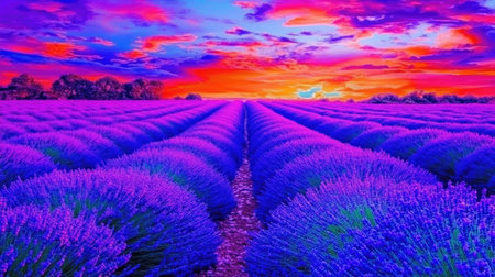 Experience the stunning beauty of a lavender field at sunset, with vibrant colors painting the sky and creating a serene atmosphere in nature.の素材