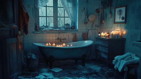 A serene bathroom scene showcasing a vintage tub surrounded by softly glowing candles, creating a peaceful ambiance perfect for relaxation and self-care moments.の素材