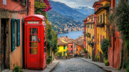 A vibrant Italian village scene featuring a classic red telephone booth, cobblestone street, and stunning views of a serene lake and majestic mountains, perfect for travel enthusiasts.の素材