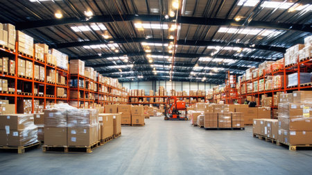 An expansive warehouse filled with neatly arranged cardboard boxes on pallets, illustrating effective inventory management practices within a commercial storage facility.の素材
