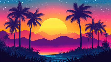 A picturesque sunset scene featuring a vivid sky and silhouetted palm trees, creating a serene atmosphere perfect for relaxation and escape to nature.の素材