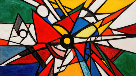 This artwork showcases a striking abstract composition with vibrant colors and dynamic geometric shapes, reflecting energy and creativity through bold contrasts and lines.の素材
