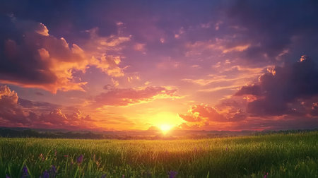 A stunning sunset casts vibrant colors across a lush green field, creating a serene landscape under a dramatic sky filled with clouds. Ideal for nature and outdoor themes.の素材
