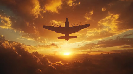 An awe-inspiring airplane silhouette captures the essence of adventure, flight, and tranquility as it soars above a stunning sunset illuminated by colorful clouds.の素材