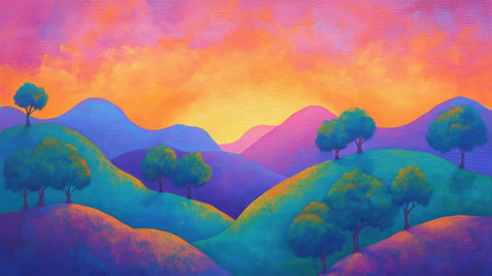 A stunning abstract landscape painting, featuring rolling hills, vibrant colors, and a serene sunset, perfect for evoking feelings of tranquility and inspiration in any space.の素材