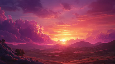 This captivating image showcases a stunning sunset over a serene landscape filled with vibrant colors, rolling hills, and dramatic skies, embodying the beauty of nature at dusk.の素材