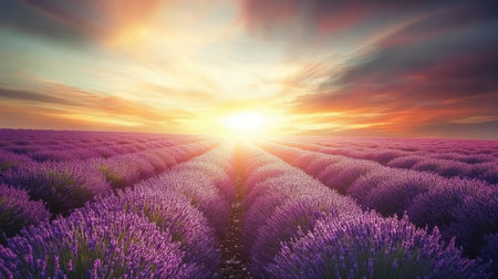 A stunning sunset illuminates a vast lavender field, with vibrant purple flowers leading to the horizon. This serene landscape captures the essence of nature's beauty and tranquility.の素材