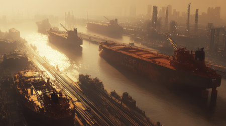 A serene industrial harbor scene at dawn featuring shipping vessels against a hazy skyline, with soft golden light reflecting on tranquil waters, capturing the essence of maritime activity.の素材