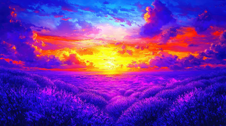 A stunning sunset casts vivid colors over lavender fields, blending purple, orange, and pink hues in a breathtaking display of nature's beauty at dusk.の素材