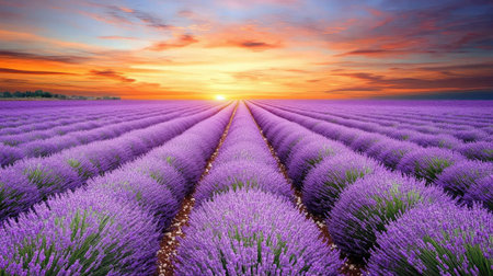 Experience the breathtaking beauty of lavender fields at sunset, showcasing vibrant purple blooms under a colorful sky, a perfect landscape for relaxation and nature lovers.の素材