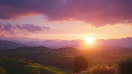 A breathtaking view of a colorful sunrise illuminating the rolling hills and valleys of the countryside, showcasing a stunning blend of colors in the tranquil sky.の素材