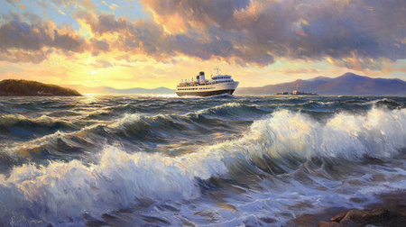 A captivating oil painting depicting a ship sailing under a colorful sunset, with dynamic waves and dramatic clouds, creating a serene coastal atmosphere perfect for art enthusiasts.の素材