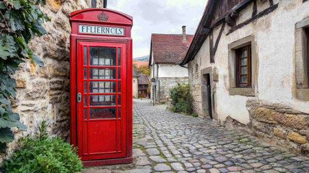 A vibrant red phone booth stands alone in a cobblestone alley, embraced by historic stone architecture and lush greenery, capturing the essence of quaint village charm.の素材