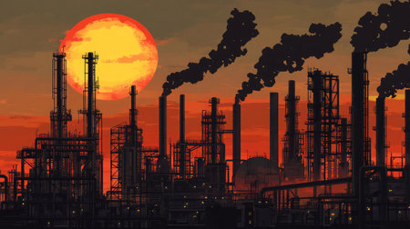 Captivating view of an industrial sector during sunset, showcasing smokestacks releasing smoke against an orange sky, highlighting environmental concerns and urban development.の素材