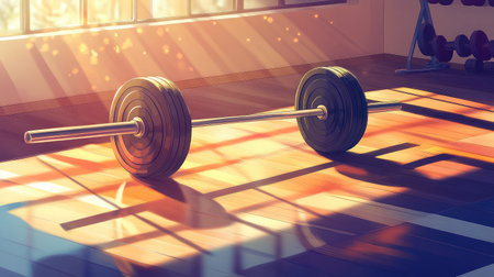 A serene gym space showcases a barbell and weights on the polished floor, illuminated by warm sunlight. The ambiance inspires strength training and personal fitness journeys.の素材