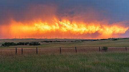 A breathtaking sunset paints the sky in vibrant orange hues over a field dotted with wind turbines, creating a stunning contrast against the darkening clouds.の素材