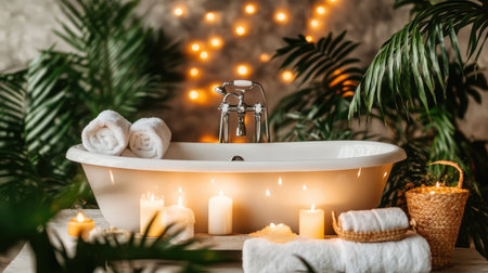 Experience a serene bathroom scene featuring a stylized freestanding tub with soft towels, glowing candles, and lush greenery, ideal for relaxation and self-care moments.の素材