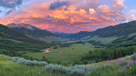 Majestic panoramic sunset view over a lush green valley, framed by towering mountains and adorned with colorful wildflowers, perfect for nature lovers and outdoor enthusiasts.の素材