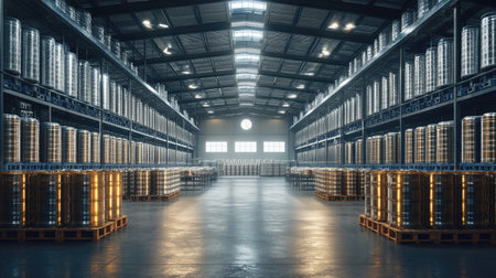 Spacious warehouse with neatly organized aluminum kegs and large shelving units. The bright industrial lighting enhances the clean and efficient storage environment.の素材