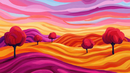 This vibrant abstract landscape features rolling hills adorned with colorful trees in shades of pink, red, and orange, all set against a beautifully gradient sky.の素材