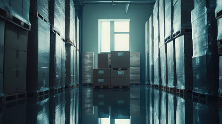 A spacious warehouse interior with neatly stacked boxes wrapped in plastic. Natural light enhances the organized space, reflecting efficiency and modern logistics practices.の素材