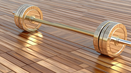 A beautifully designed barbell rests on a polished wooden floor, showcasing its unique wooden weights, perfect for fitness enthusiasts and gym lovers.の素材